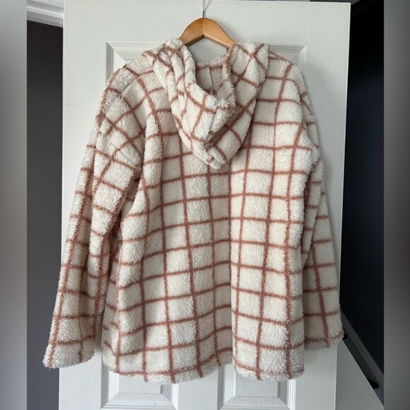 Daisy Fuentes Sherpa Hoodie Jacket L Cozy Plush Fuzzy Grid Check Open Front Pock - Picture 2 of 3